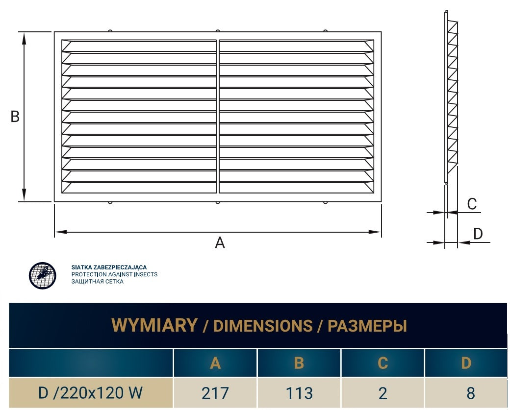Louvre Vent D/220X120W Classic 220mm X 120mm with Fly Screen