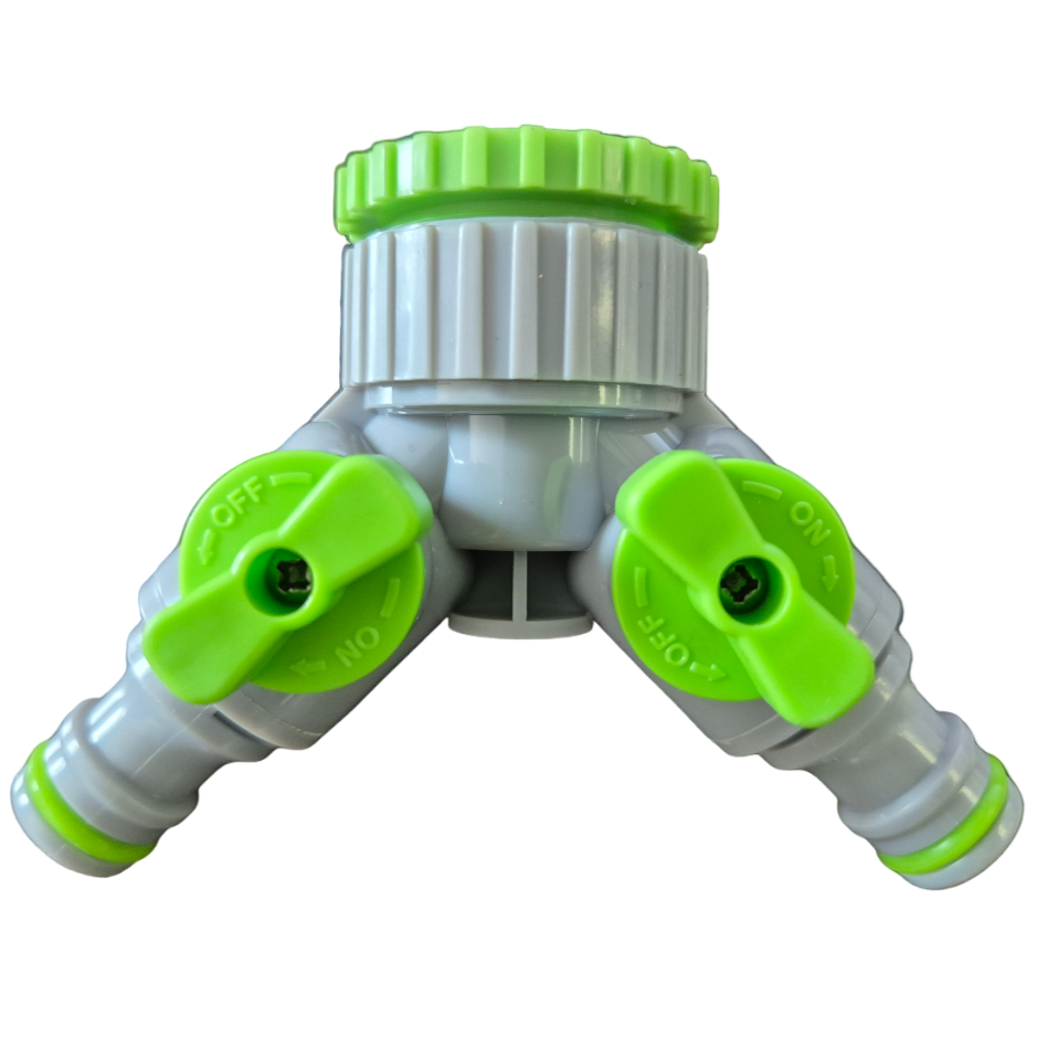 2-Way Tap Connector With Valves 1" or 3/4" BSP Female, Green/Gray