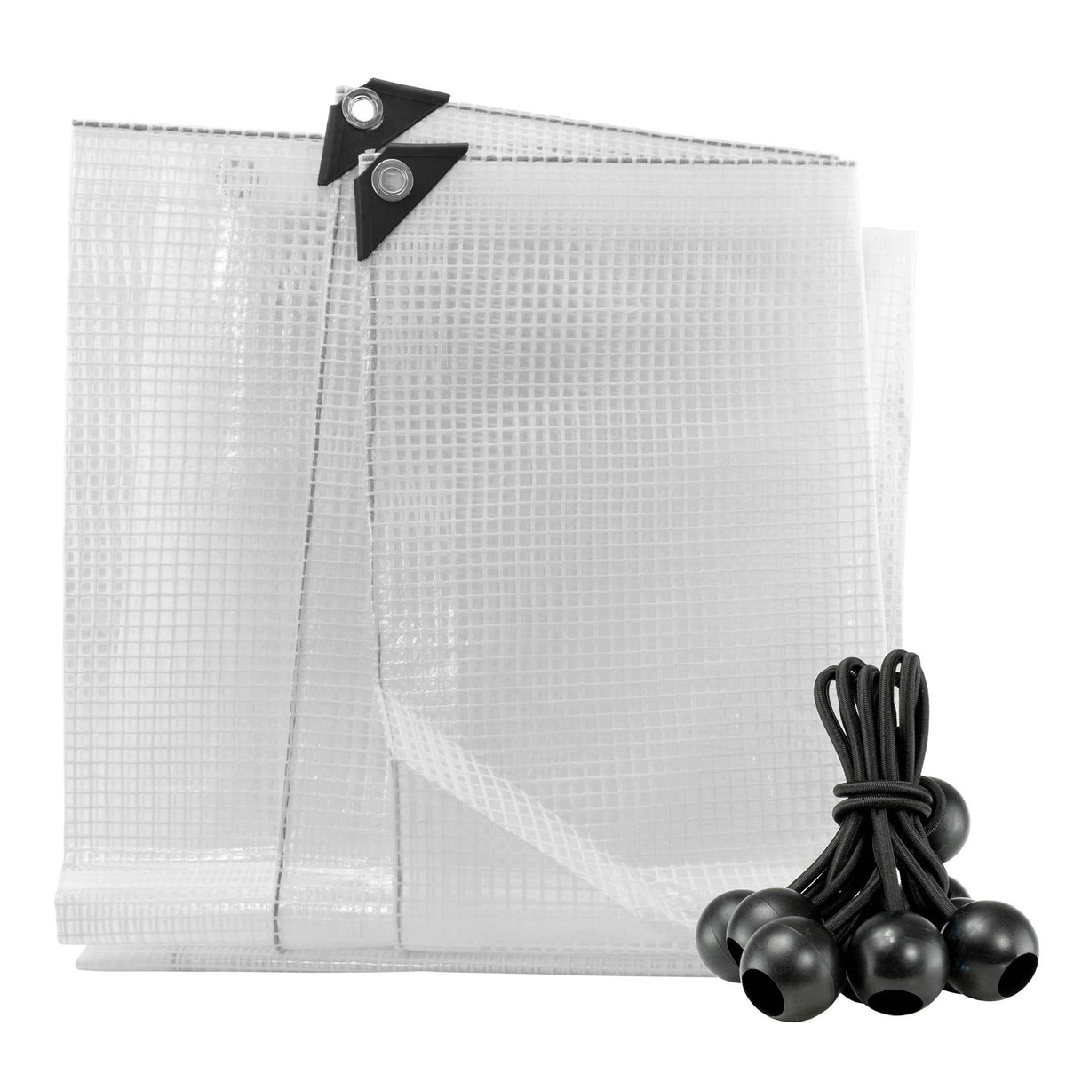 TARPAULIN x100GSM M-GRADE CLEAR 2X3-x1+ 10 X BLACK 4" BUNGEE BALLS x29