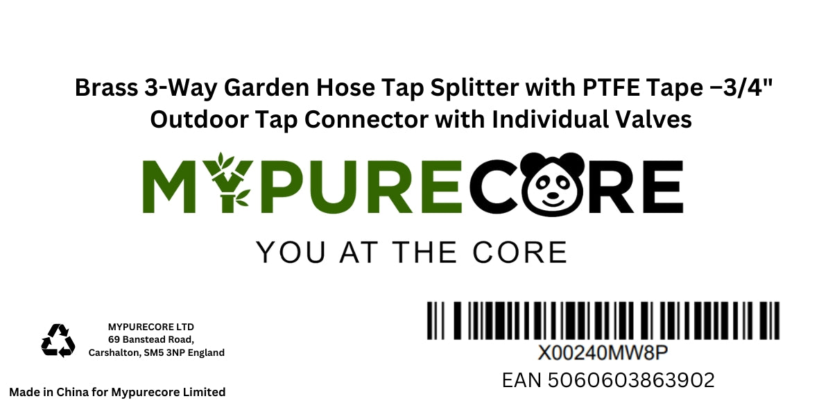 X00240MW8P x1, Brass 3-Way Garden Hose Tap Splitter with PTFE Tape –3/4" Outdoor Tap Connector with Individual Valves