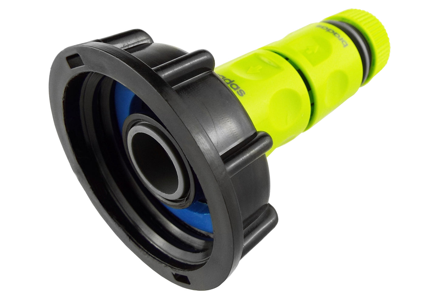 IBC 2” S60X6 Cap with Threaded Hose Fitting, Double Male and Hose Connector Lime