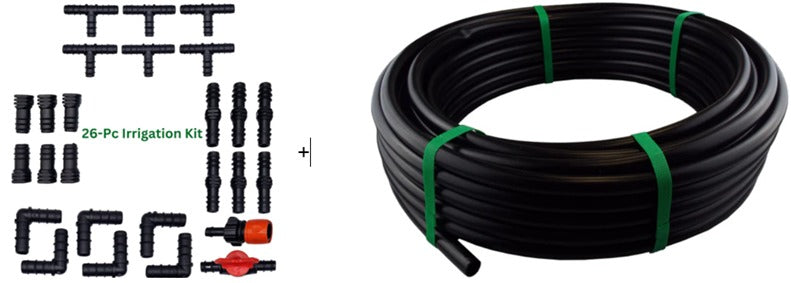 X0029VC329 x1, Irrigation Pipe 13mm / 16mm LDPE (10m) + 26 Pcs. Connector Set