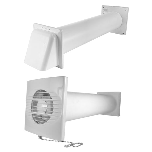 Through Wall Ventilation Kit RICO Pull-Cord Switch Fan with White External Vent