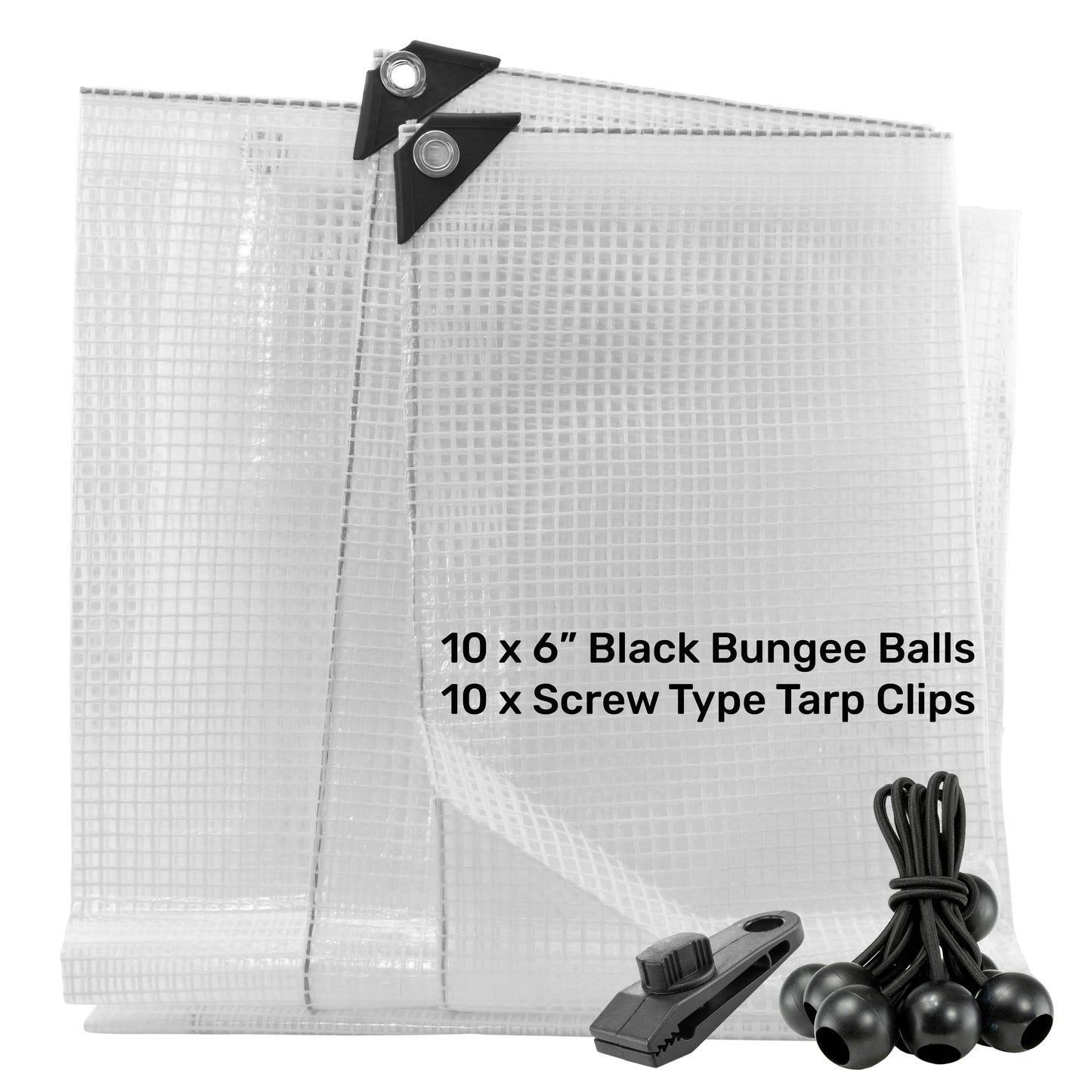 Clear M-Grade Tarpaulin with 10 x 6" Bungee Balls (Black) and 10 x Screw Type Tarp Clips