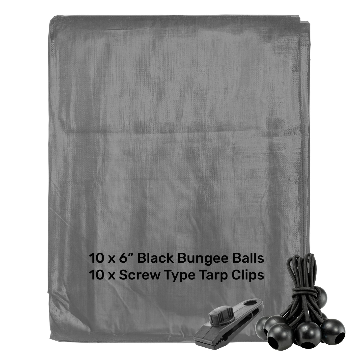 Grey L-Grade Tarpaulin with 10 x 6" Bungee Balls (Black) and 10 x Screw Type Tarp Clips