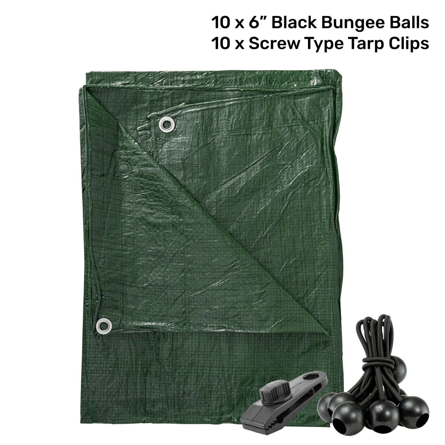 Green S-Grade Tarpaulin with 10 x 6" Bungee Balls (Black) and 10 x Screw Type Tarp Clips
