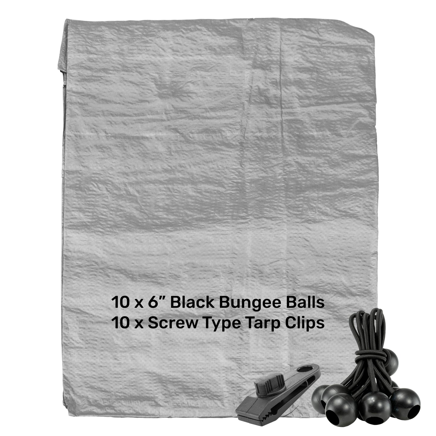 Grey S-Grade Tarpaulin with 10 x 6" Bungee Balls (Black) and 10 x Screw Type Tarp Clips