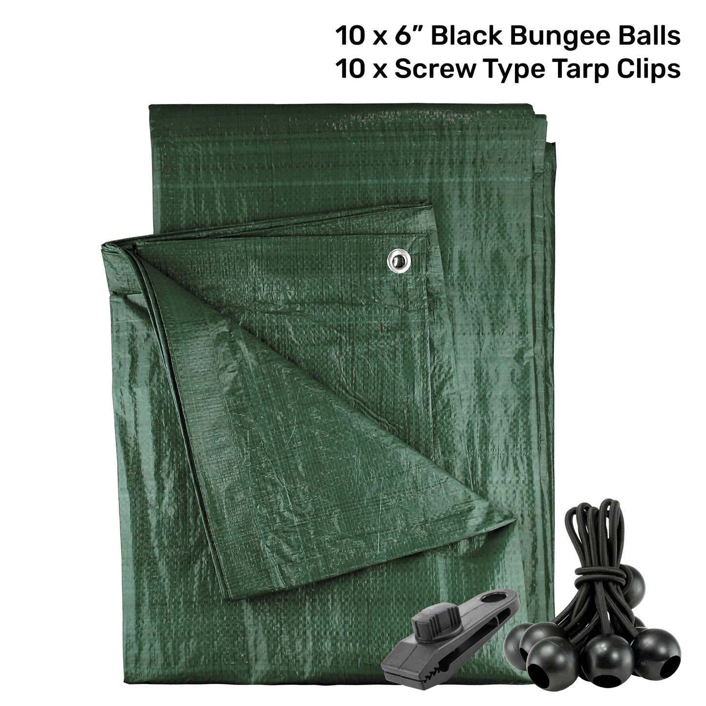 Green M-Grade Tarpaulin with 10 x 6" Bungee Balls (Black) and 10 x Screw Type Tarp Clips