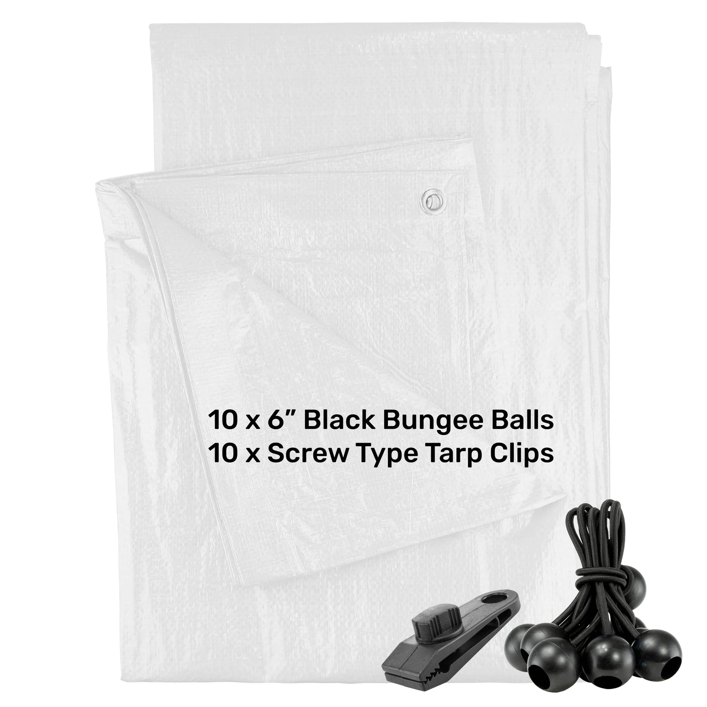 White M-Grade Tarpaulin with 10 x 6" Bungee Balls (Black) and 10 x Screw Type Tarp Clips