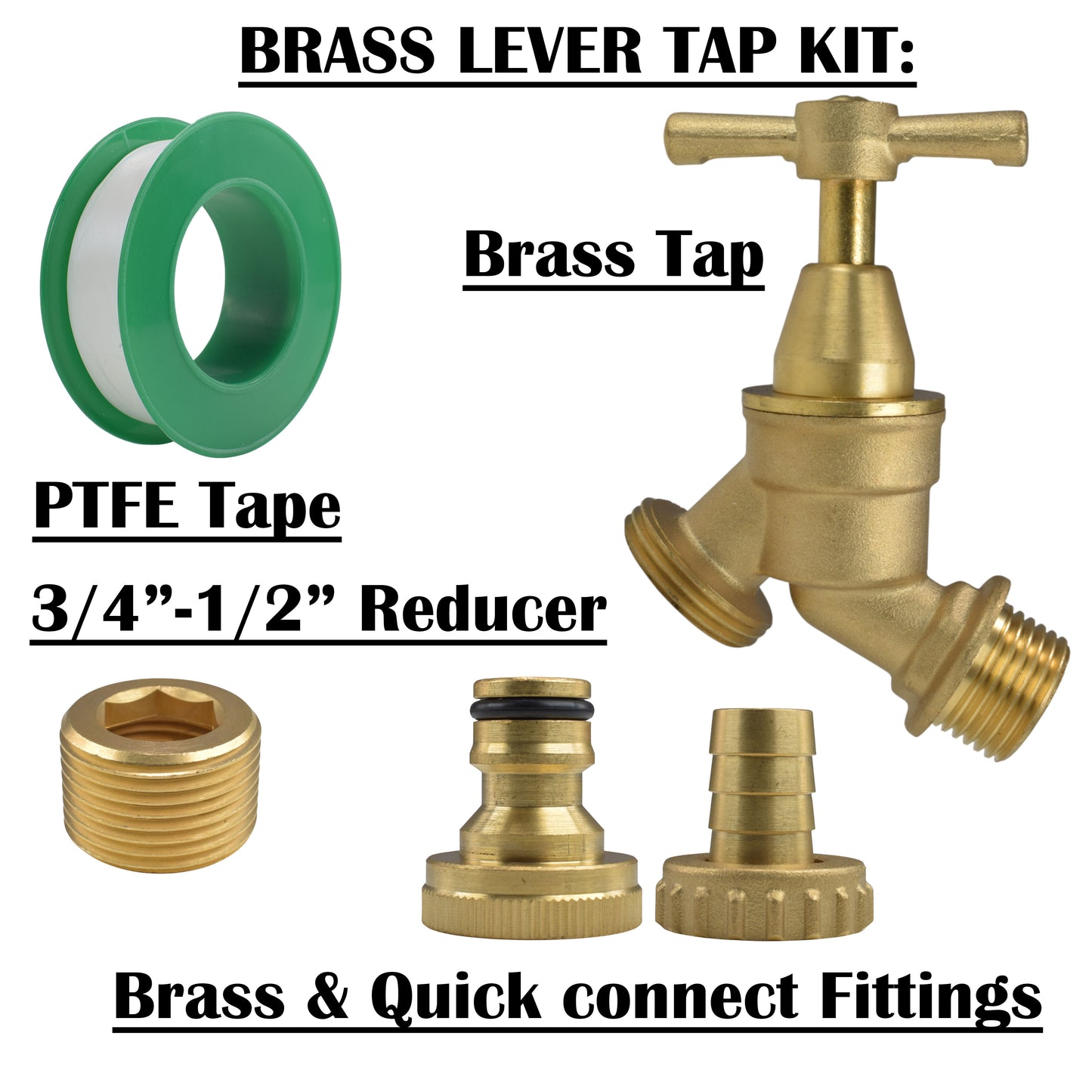 Brass Bib Tap Kit with Barb/Quick Connect Outlet, ½” and ¾” BSP Thread Inlet