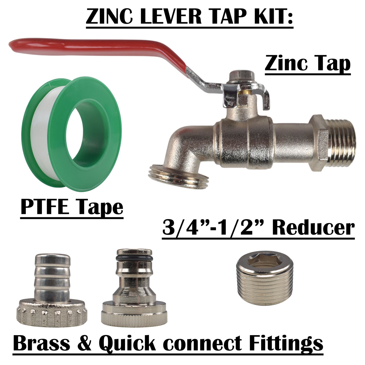 Lever Tap Kit with Barb/Quick Connect Outlet, ½” and ¾” BSP Thread Inlet