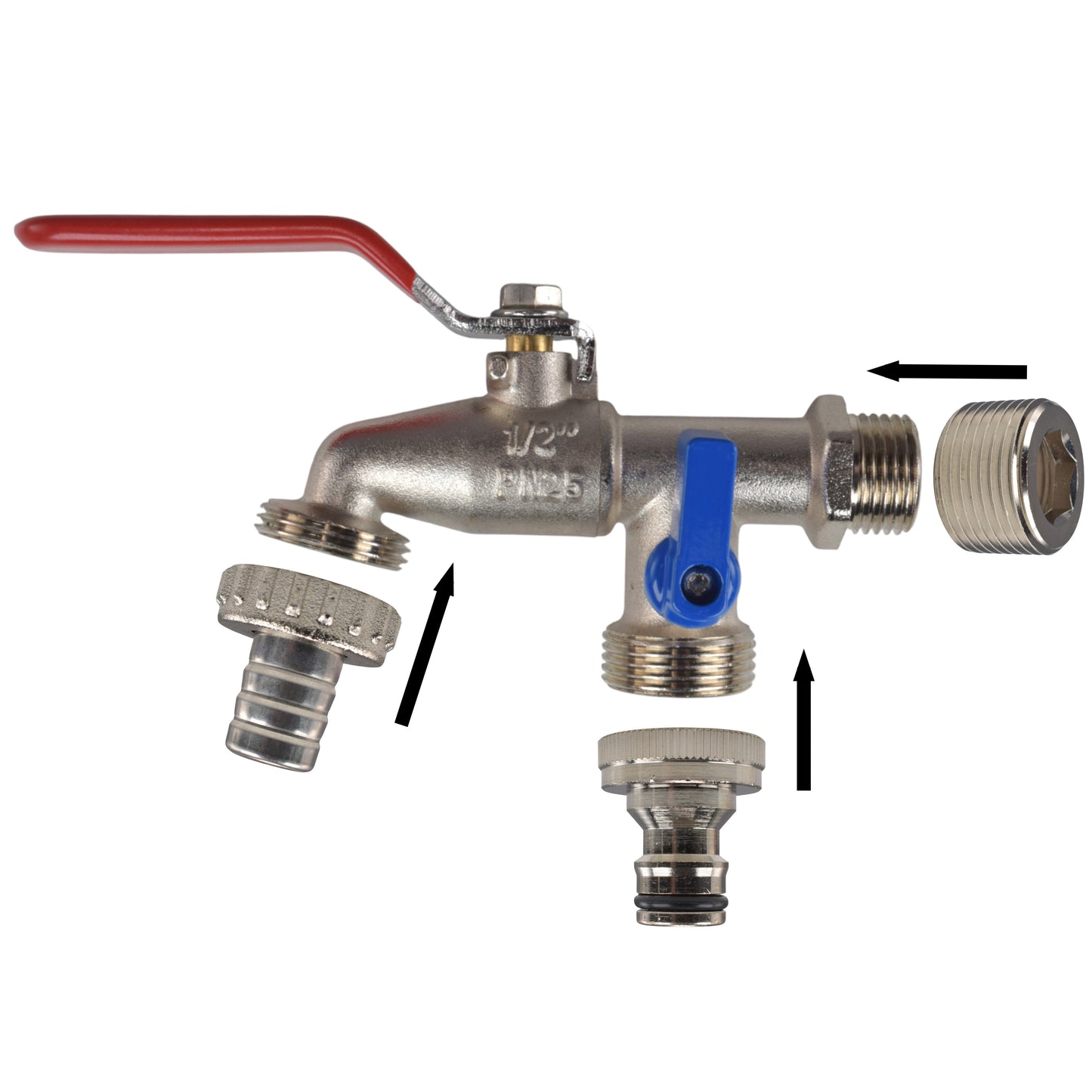 Double Lever Tap Kit with Barb/Quick Connect Outlet, ½” and ¾” BSP Thread Inlet