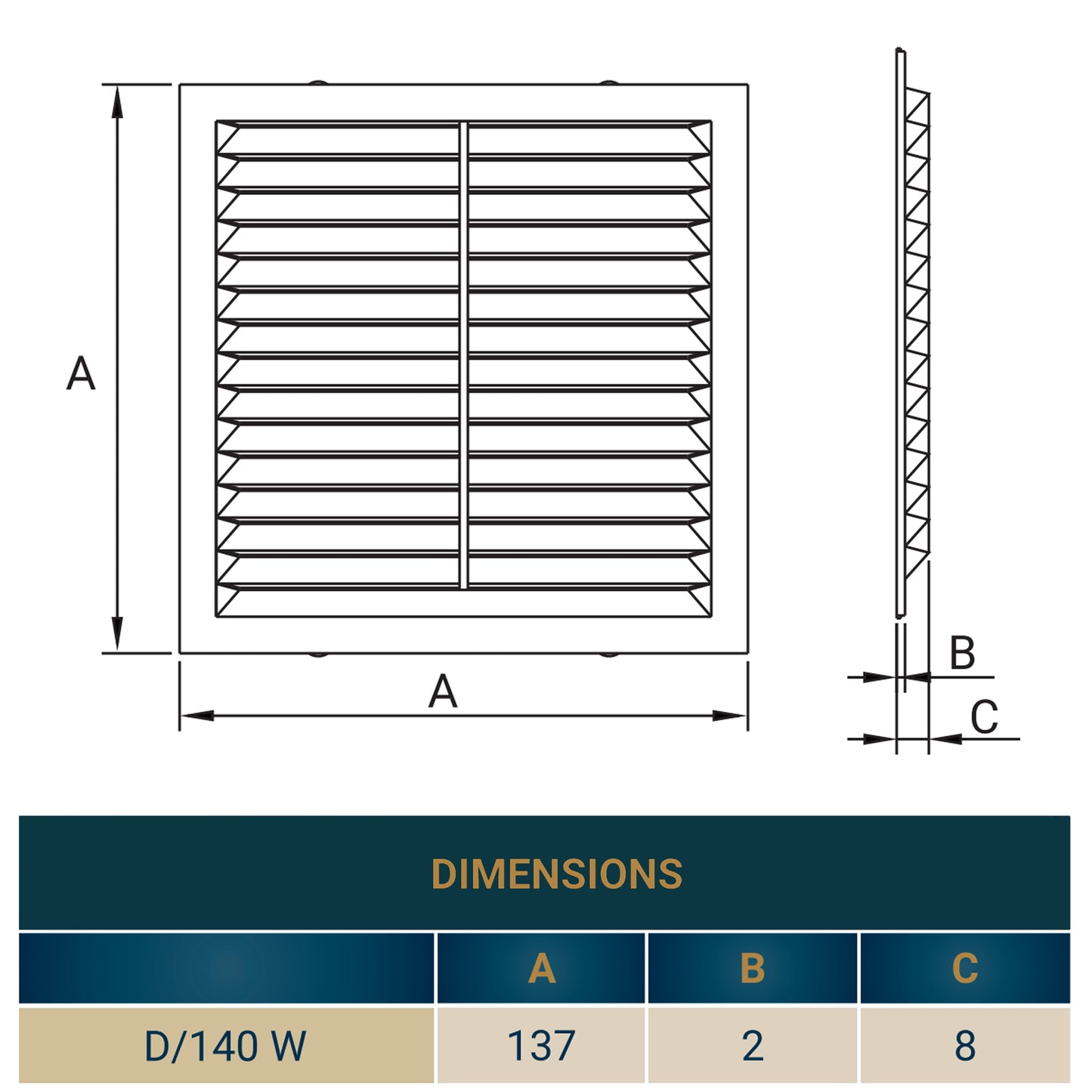 Louvre Vent D/140W 140mm X 140mm with Fly Screen