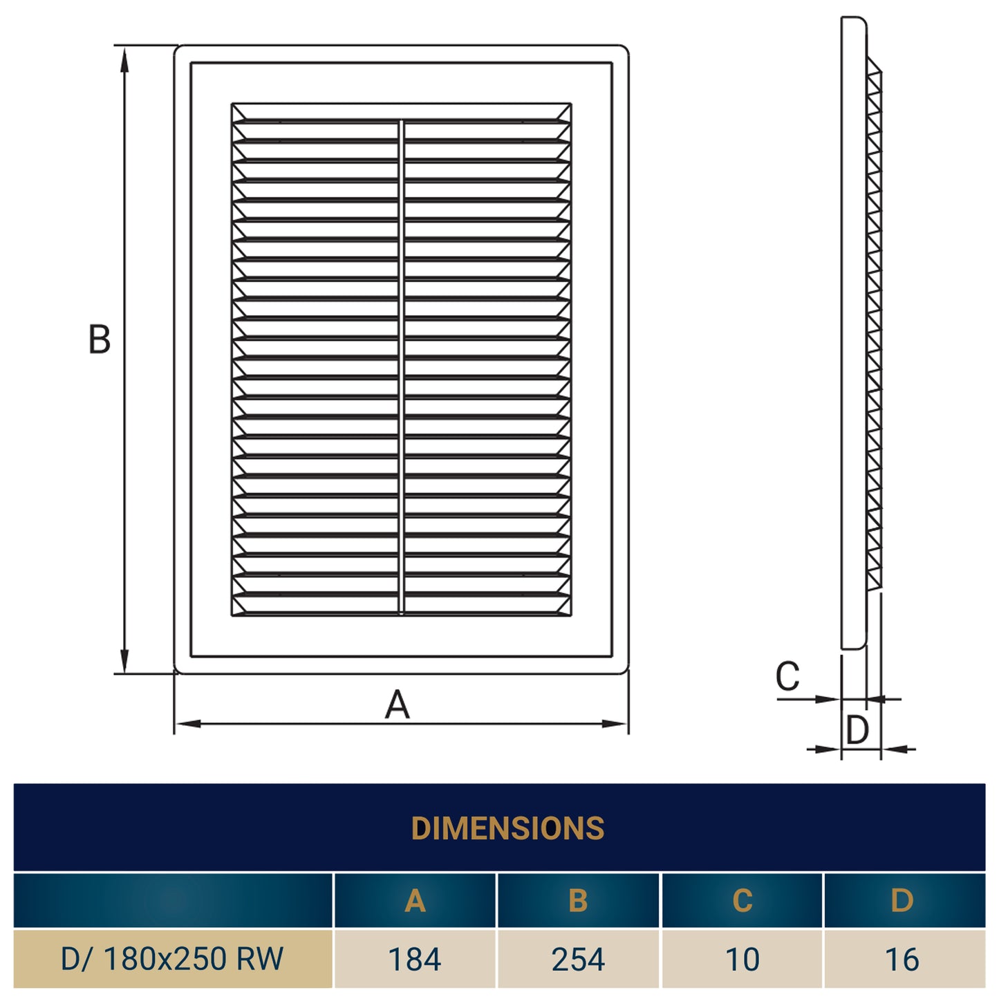 Louvre Vent D/180X250RW Classic 180mm X 250mm with Fly Screen