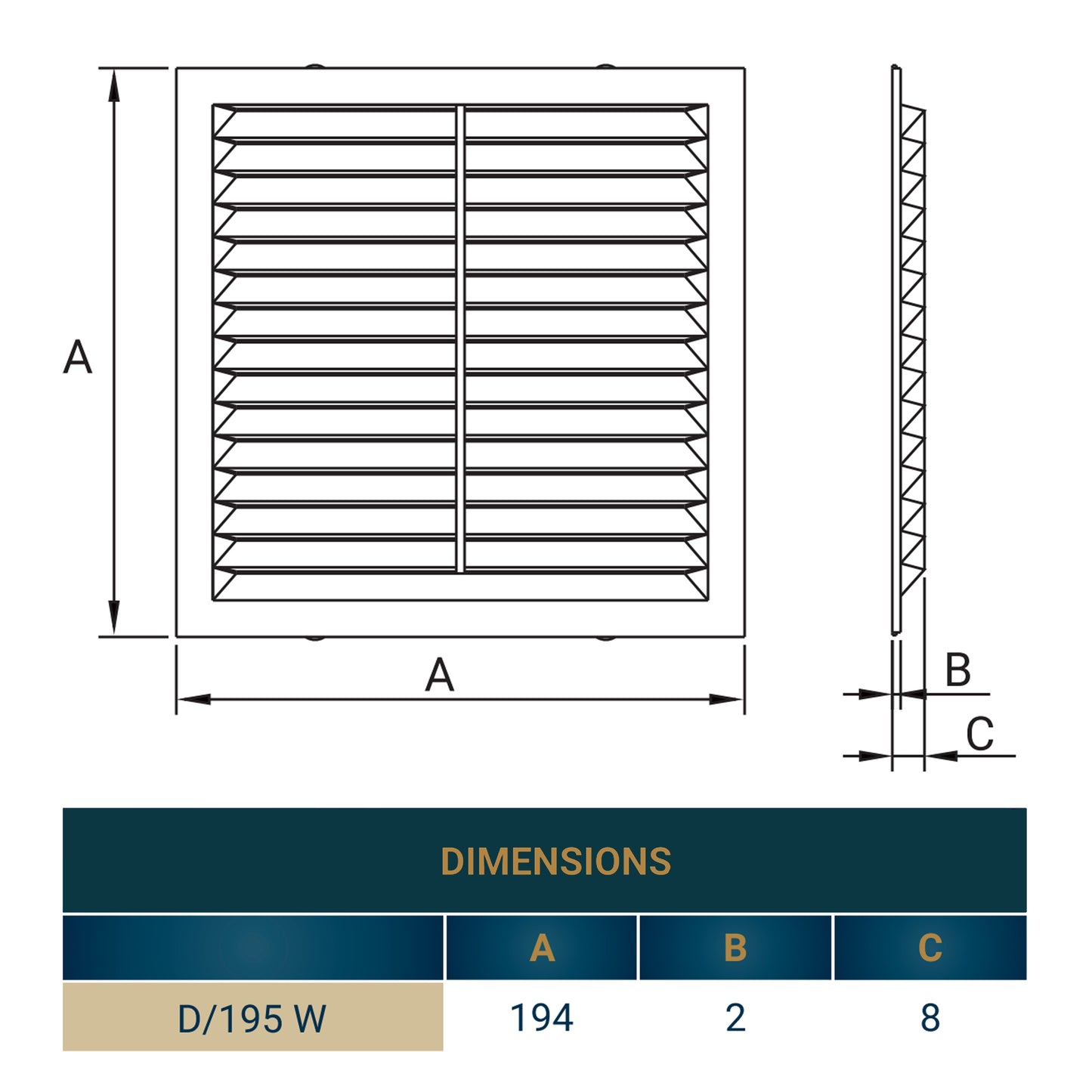 Louvre Vent D/195W 195mm X 195mm with Fly Screen