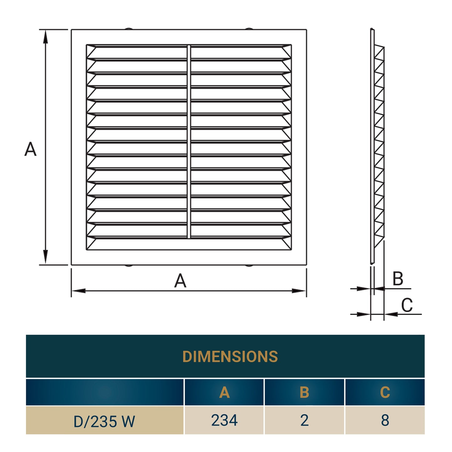 Louvre Vent D/235W 235mm X 235mm with Fly Screen