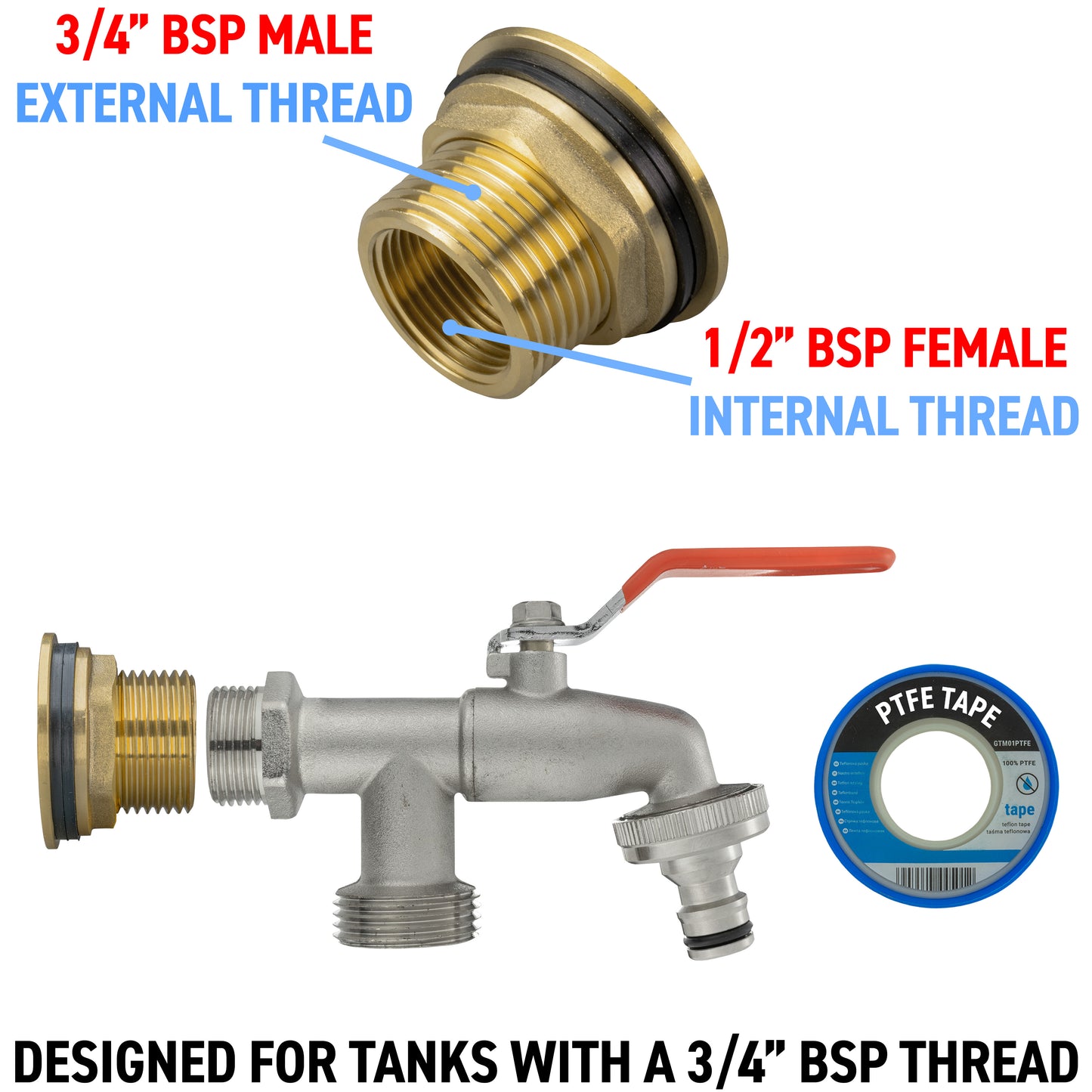 Water Butt Brass Kit 3/4" with Double Tap and Drill Bit