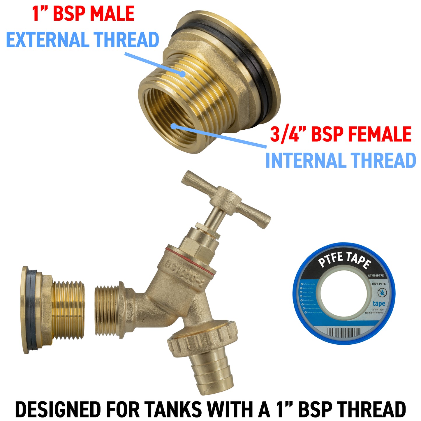 Water Butt Brass Kit 1" with Brass Barbed Tap