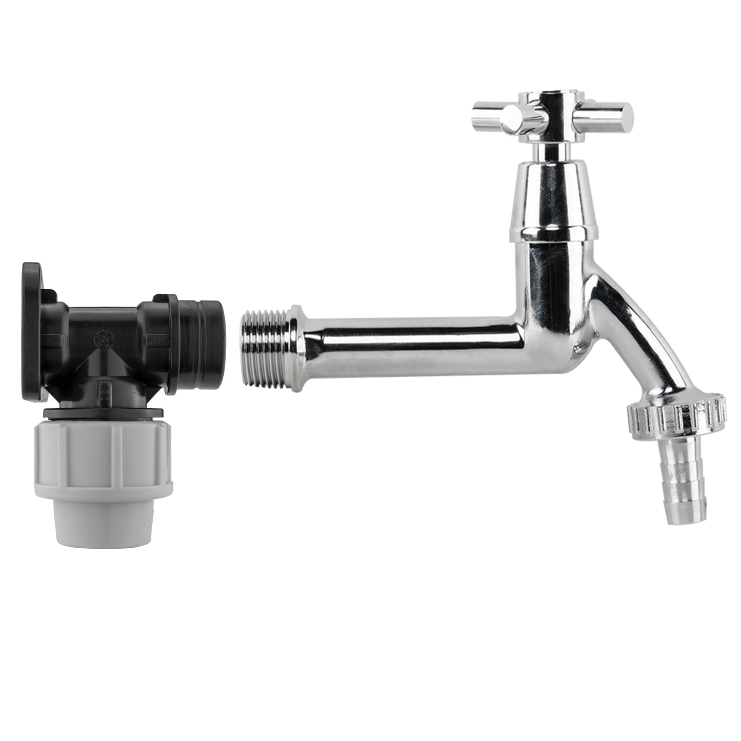 Wall Flange Kit 20mm MDPE – Extended Brass Chrome Tap ½” Barb