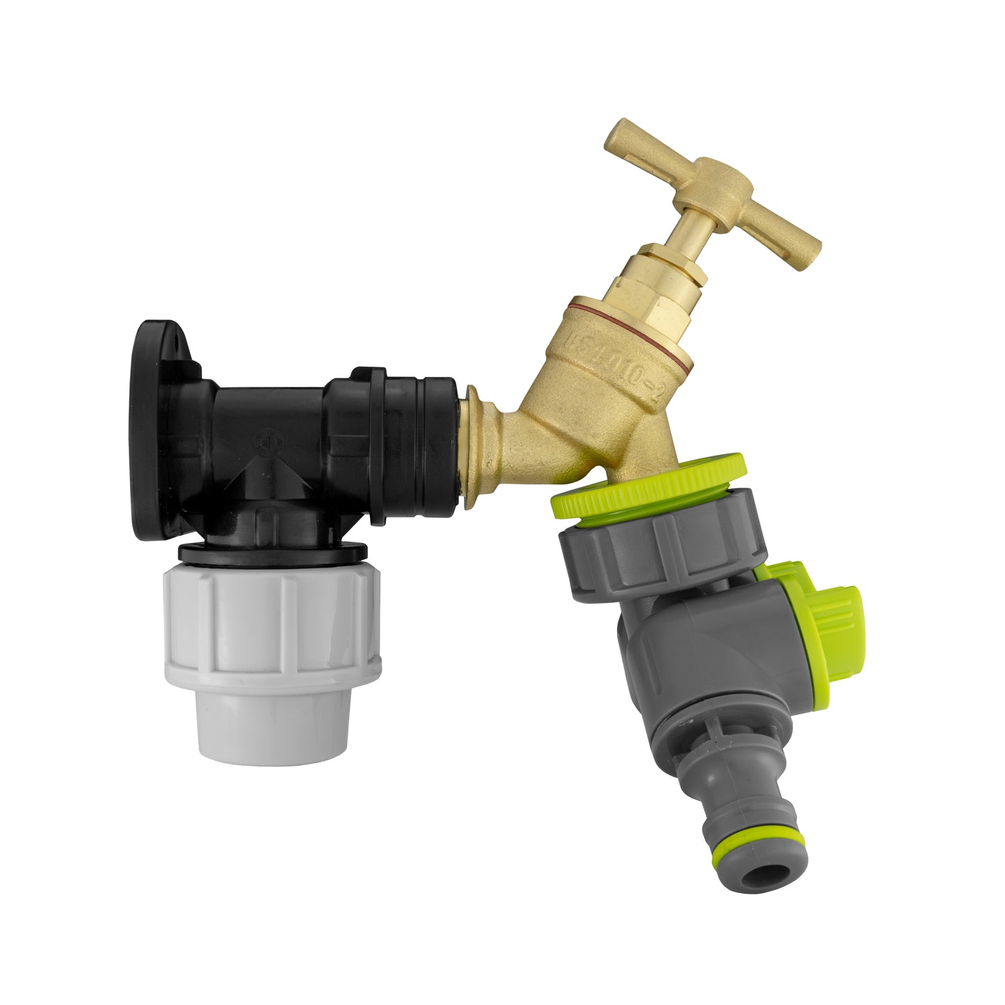 Wall Flange Kit 25mm MDPE + Brass Bib Tap + Lime Two Way Tap Splitter