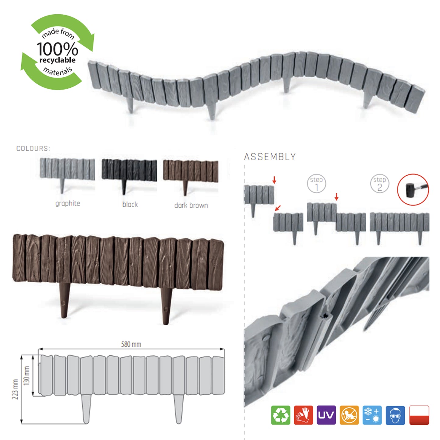 Lawn Edging, Plastic Palisade Wood Effect, 2.32m, Black