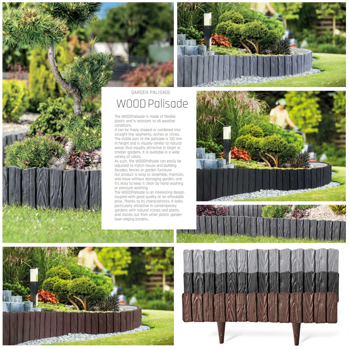 Lawn Edging, Plastic Palisade Wood Effect, 2.32m, Black
