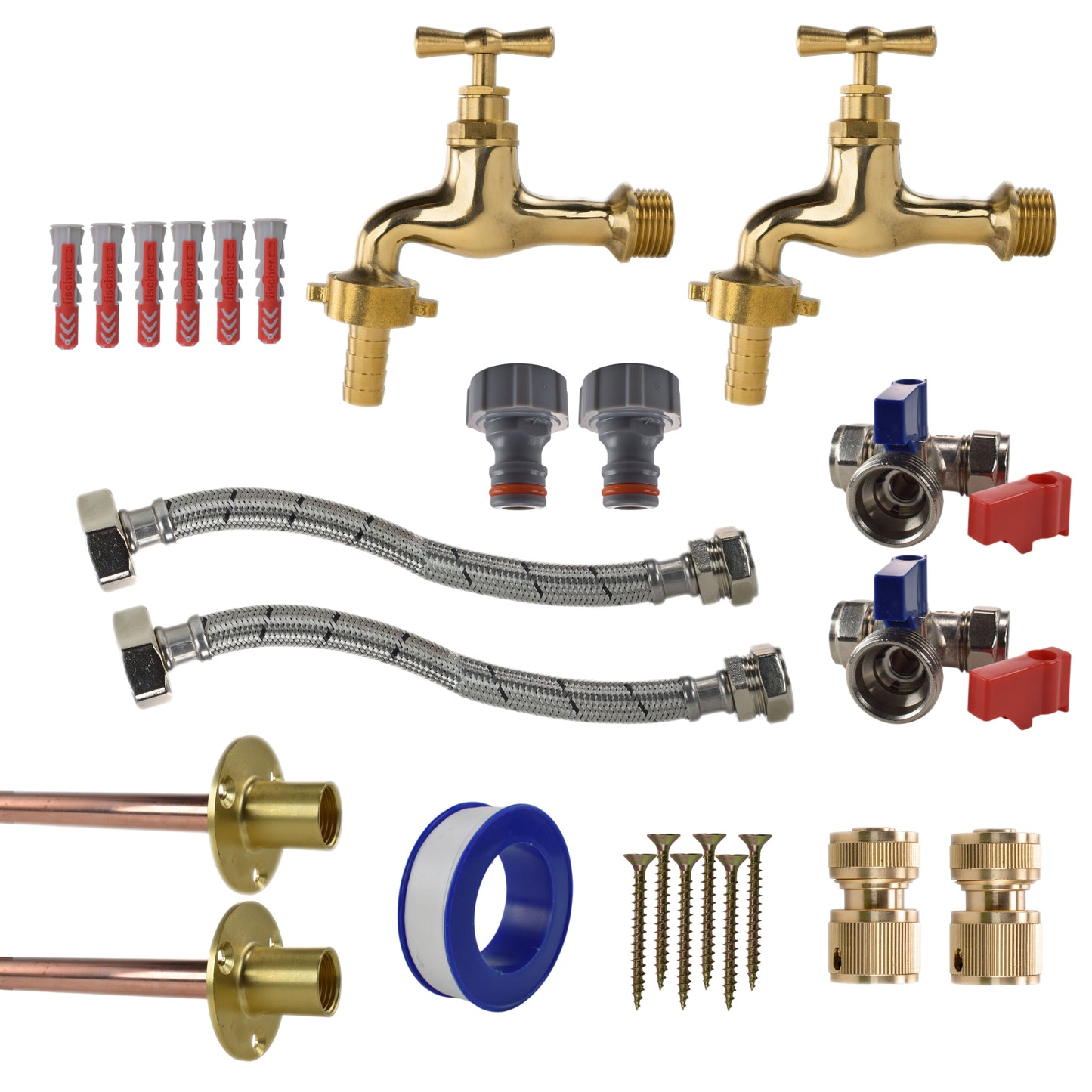 Polished Brass 13mm Barb Tap STANDARD Connection Kit x2