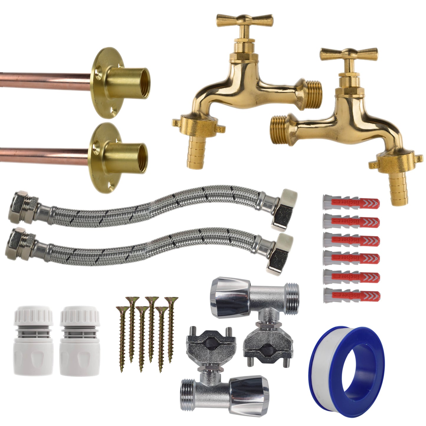 Polished Brass 13mm Barb Tap FULL Connection Kit x2