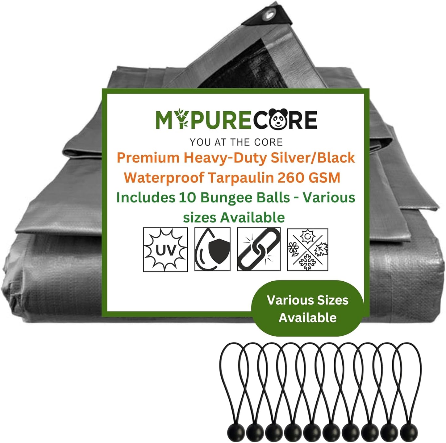 X002HBEZ95 x16, 260GSM Silver Tarp with 10 Bungee Balls 2m x 2m