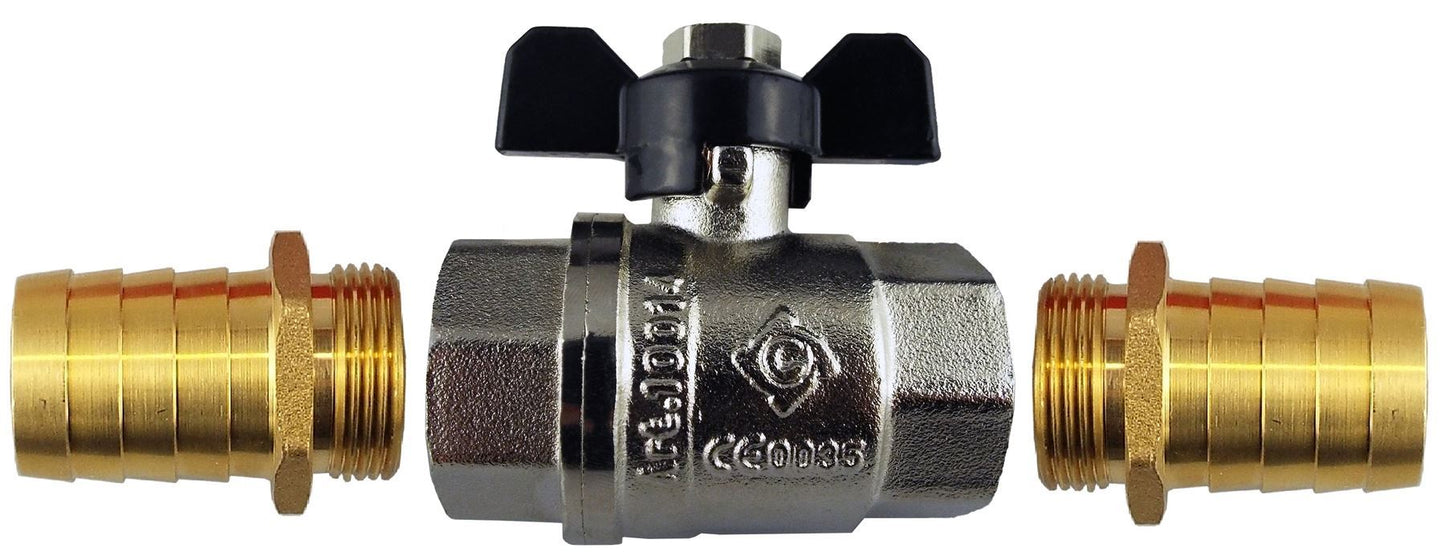 Butterfly Bib Valve 1/2" BSPF-F with 2 x Brass Straight 13mm Barbed Fittings