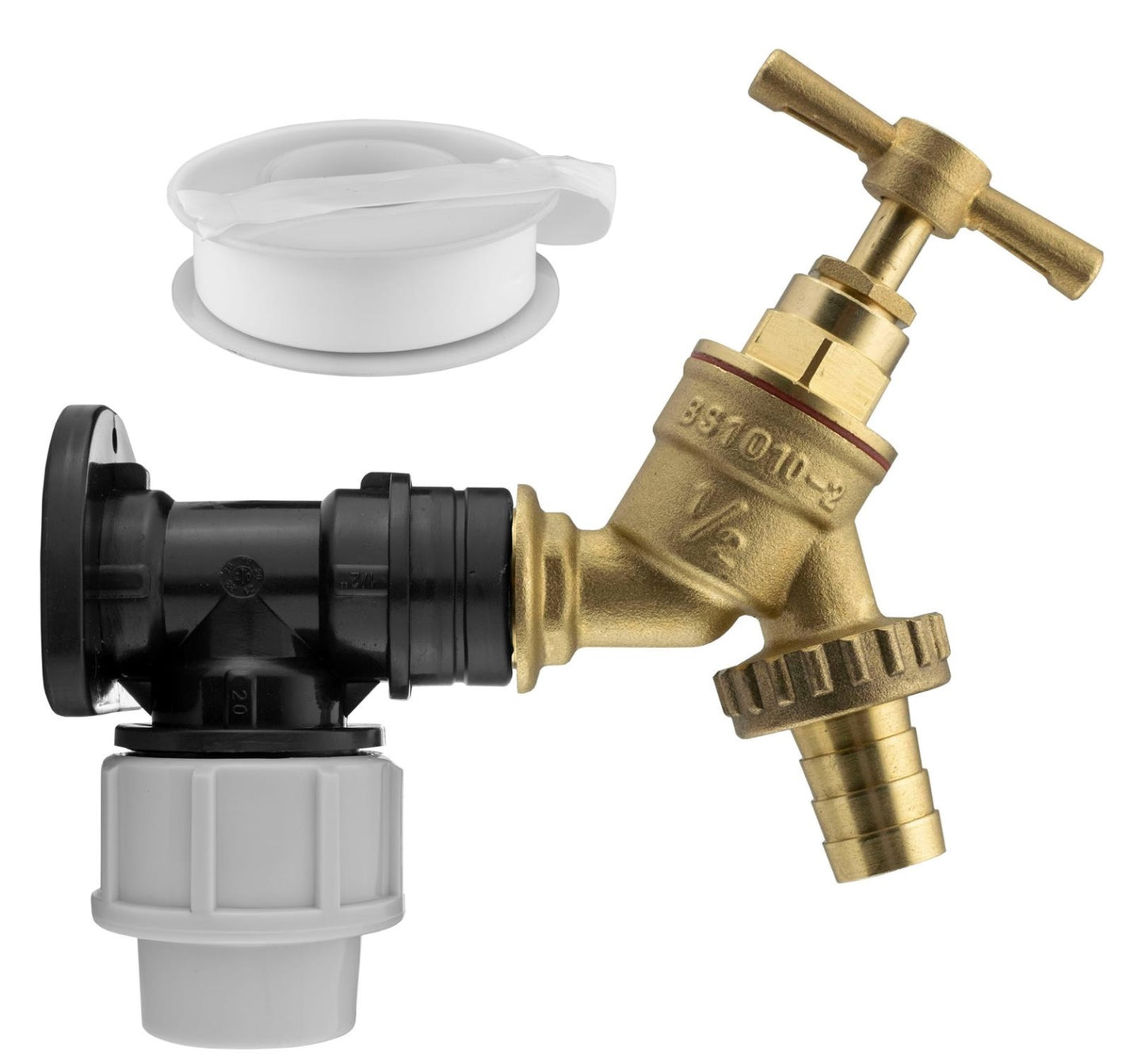 X001OD987V x50, 20mm MDPE Wall Flange Kit – Wall Plate Elbow ½ Brass Garden Tap with Barb Hose Fitting and PTFE Tape – Easy to Install Hose Connector for Backyard, Around the House, Farmhouse. Set by MYPURECORE