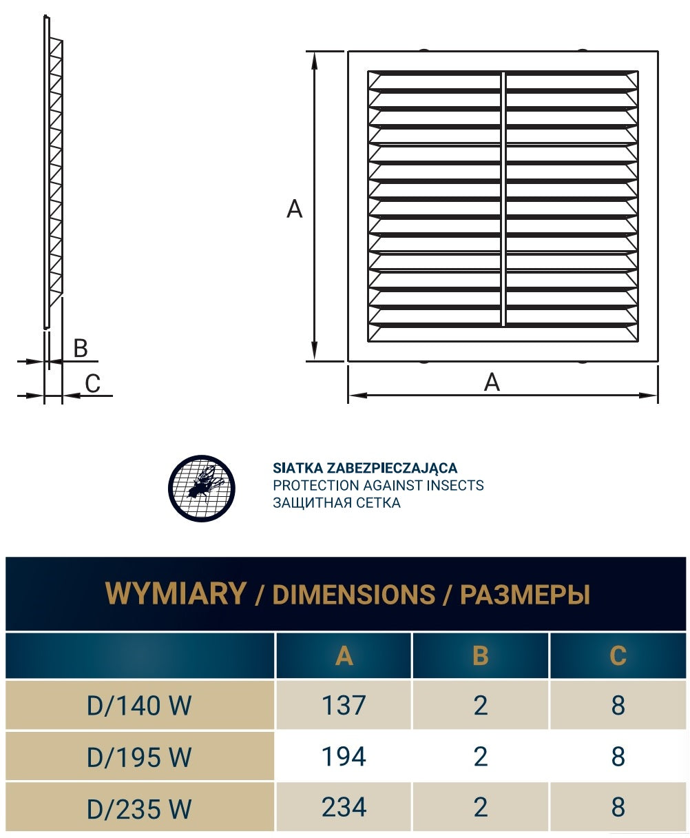 Louvre Vent D/195W 195mm X 195mm with Fly Screen