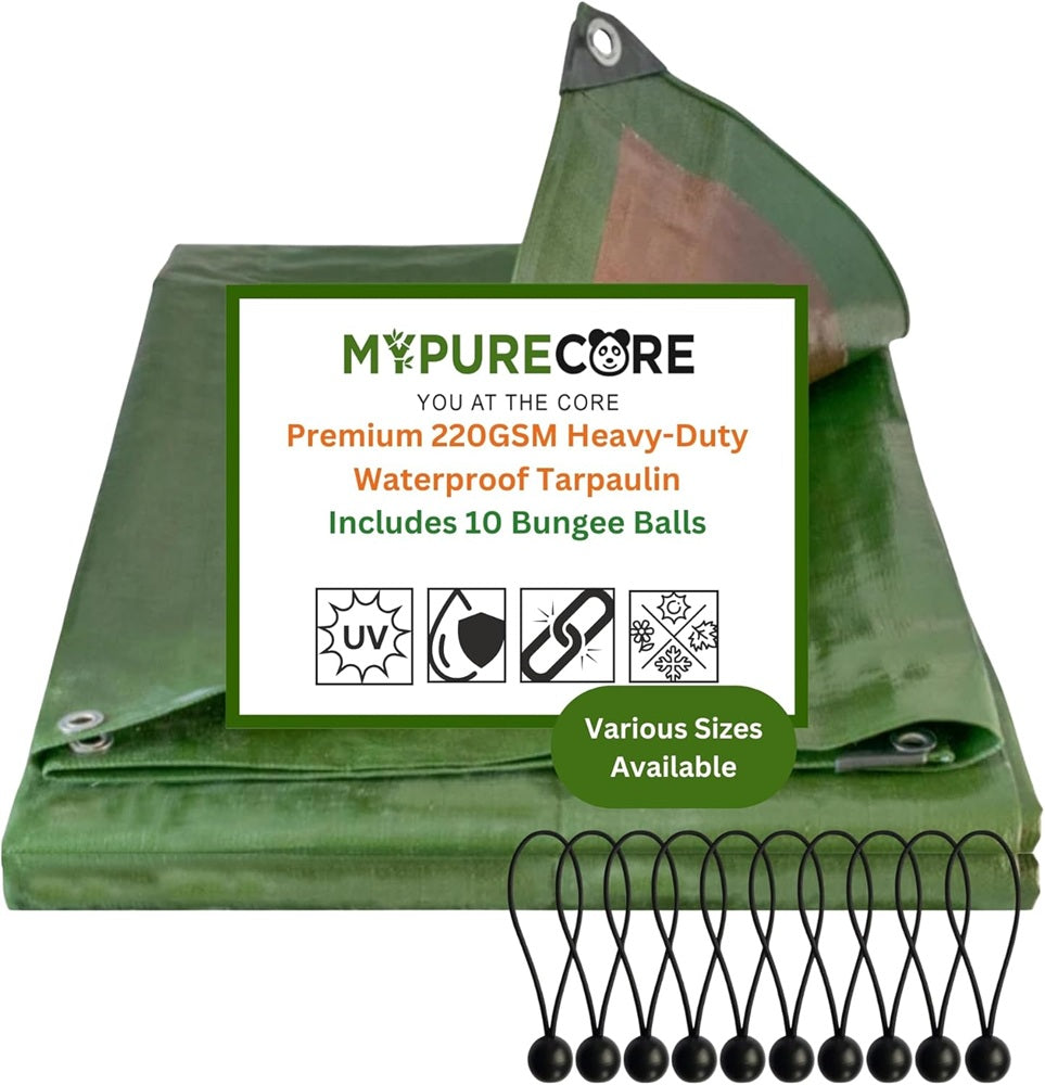 X002H19185 x20, 220GSM Green/Brown Tarp with 10 Bungee Balls 2m x 2m