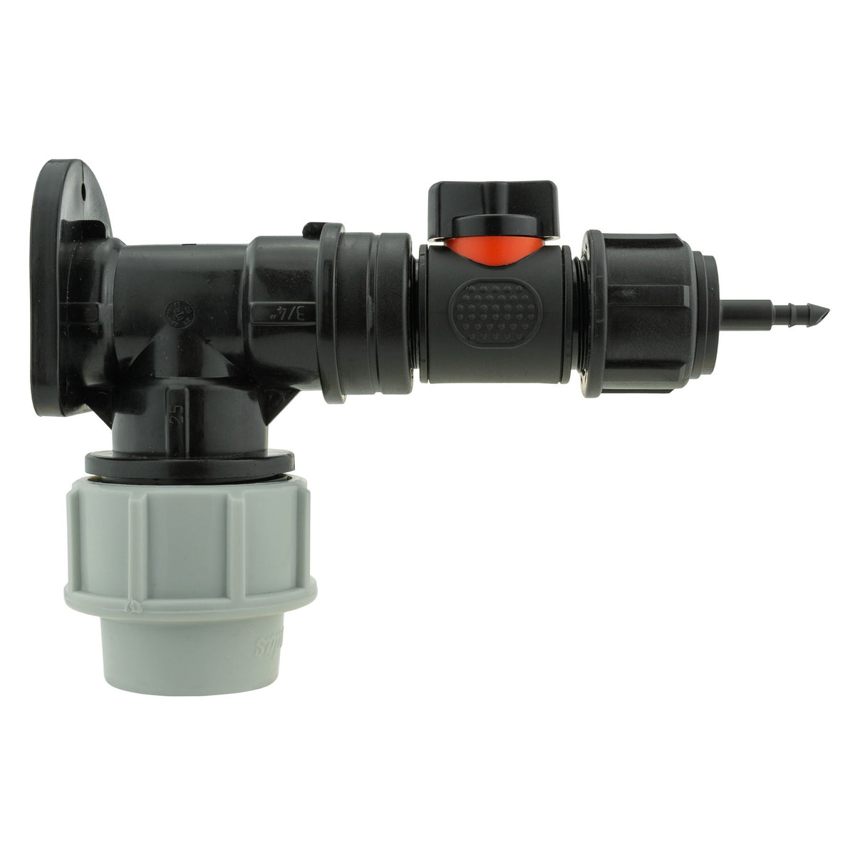 25mm MDPE Wall Flange + Valve + 3/4" BSPF to Micro 4mm Barb Connector