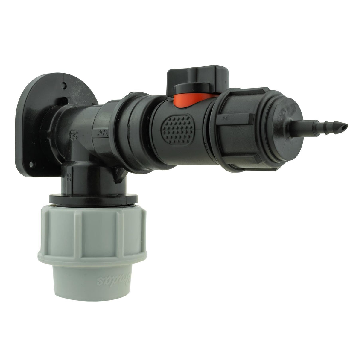 25mm MDPE Wall Flange + Valve + 3/4" BSPF to Micro 4mm Barb Connector