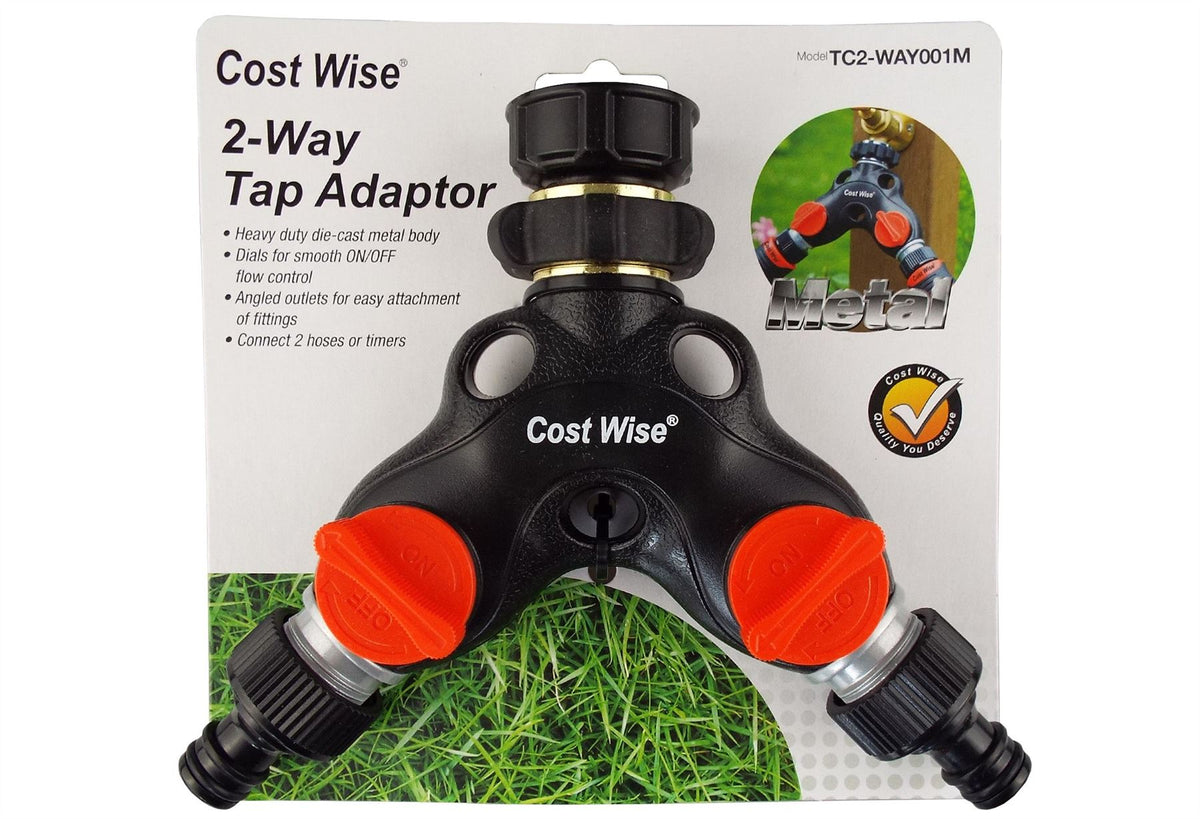 2-Way Tap Connector Snap-On Outlet Metal Black/Orange + 2 x Hose Connectors