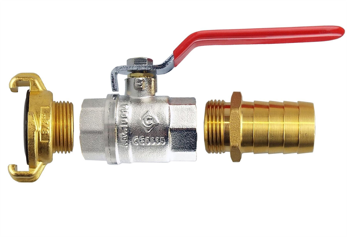 Ball Valve Lever 1" BSPF with 1 x Geka Type Claw Outlet and 1 x 25mm Barb Outlet