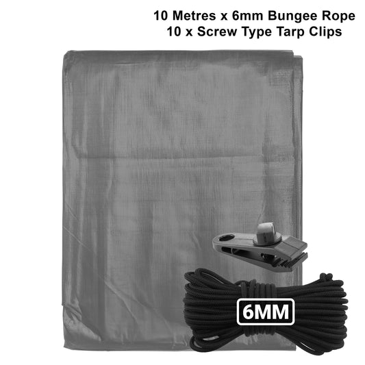 Grey L-Grade Tarpaulin with 10m of 6mm Bungee Rope and 10 x Screw Type Tarp Clips