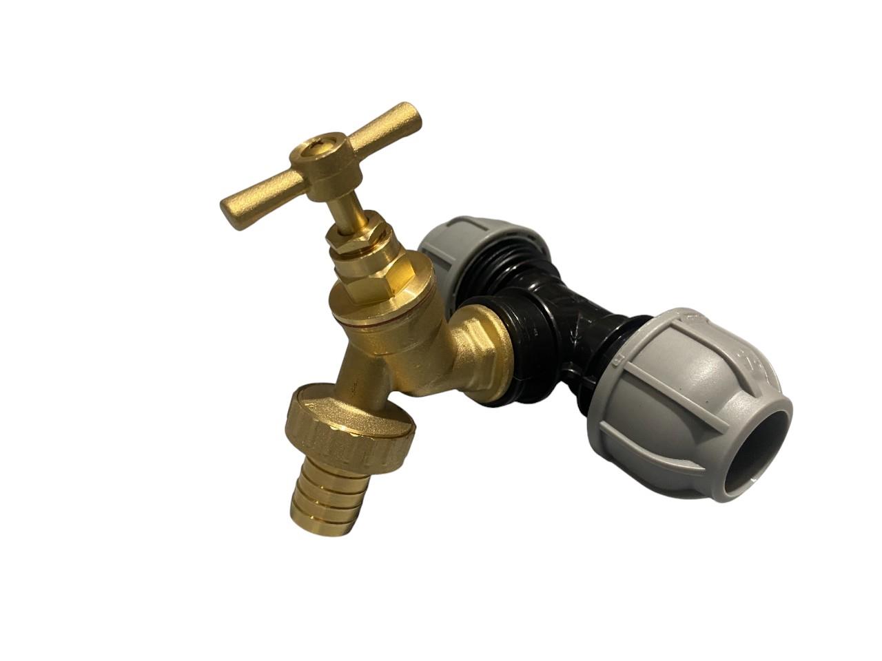 Brass Bib Tap 1/2" Barb with MDPE Tee 20mm - 1/2 " BSPF