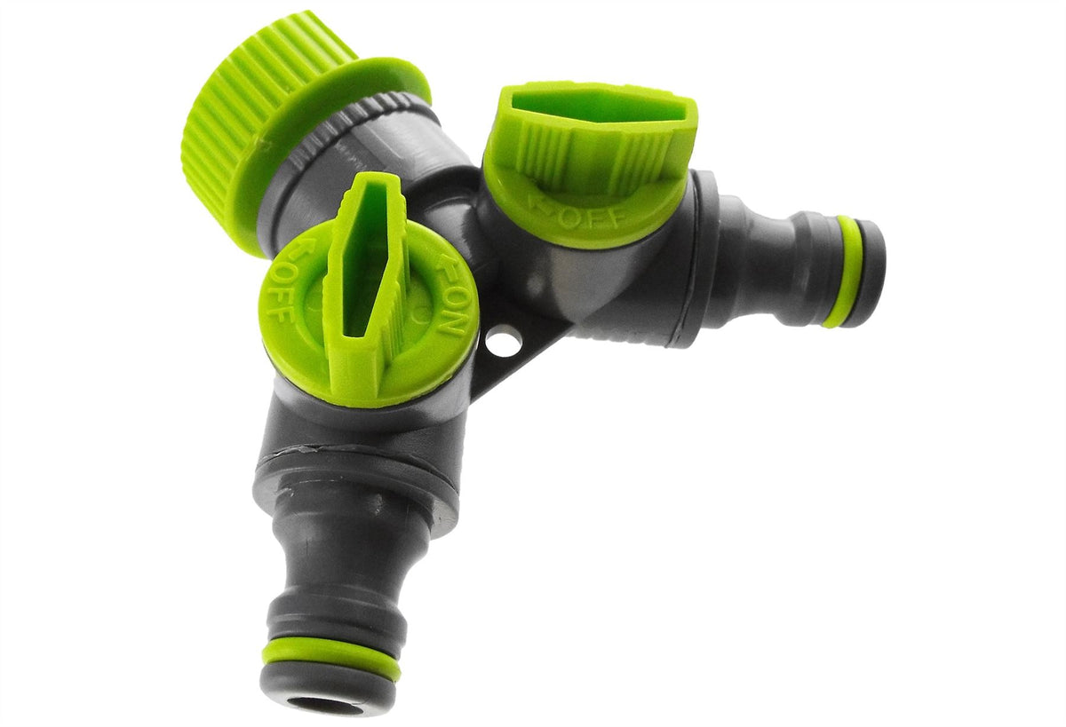 2-Way Tap Connector with 3 x Quick Connect Outlets and 3 x Standard 1/2" Hose Connectors (Lime)