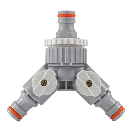 2-Way Tap Splitter Connector with 3 x Quick Connect Outlets (Grey/White)