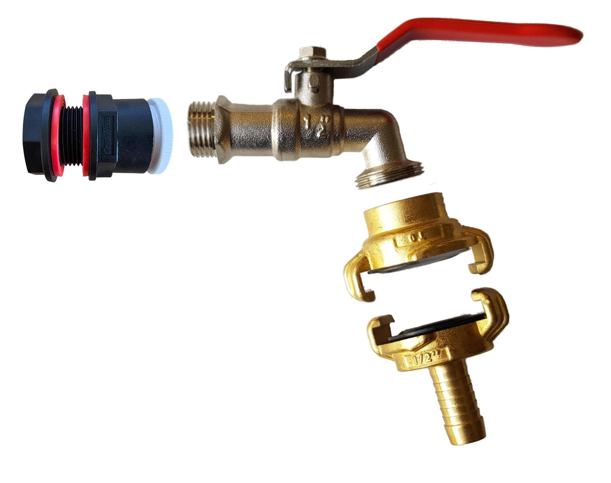 Water Butt Connector 1" BSP with Garden Lever Tap with Geka Type Claw and 1/2" Hose Barb Connector