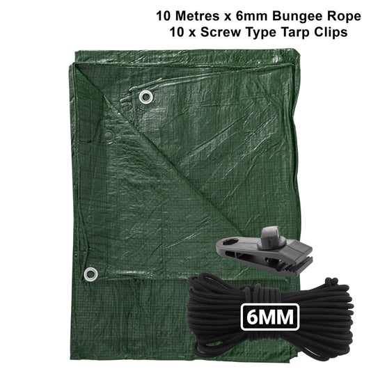 Green S-Grade Tarpaulin with 10m of 6mm Bungee Rope and 10 x Screw Type Tarp Clips
