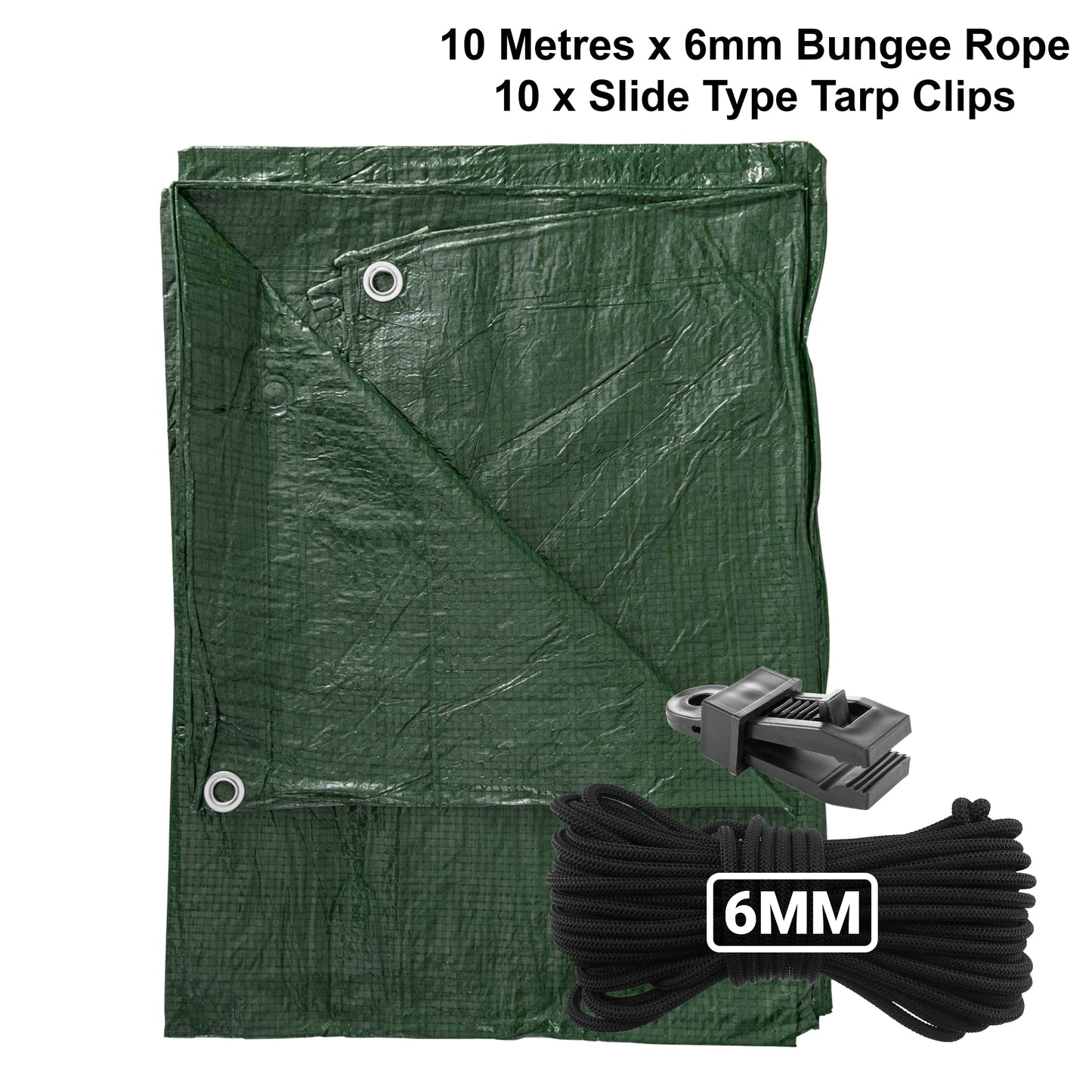 Green S-Grade Tarpaulin with 10m of 6mm Bungee Rope and 10 x Slide Type Tarp Clips