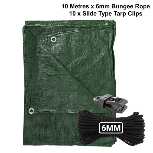 Green S-Grade Tarpaulin with 10m of 6mm Bungee Rope and 10 x Slide Type Tarp Clips
