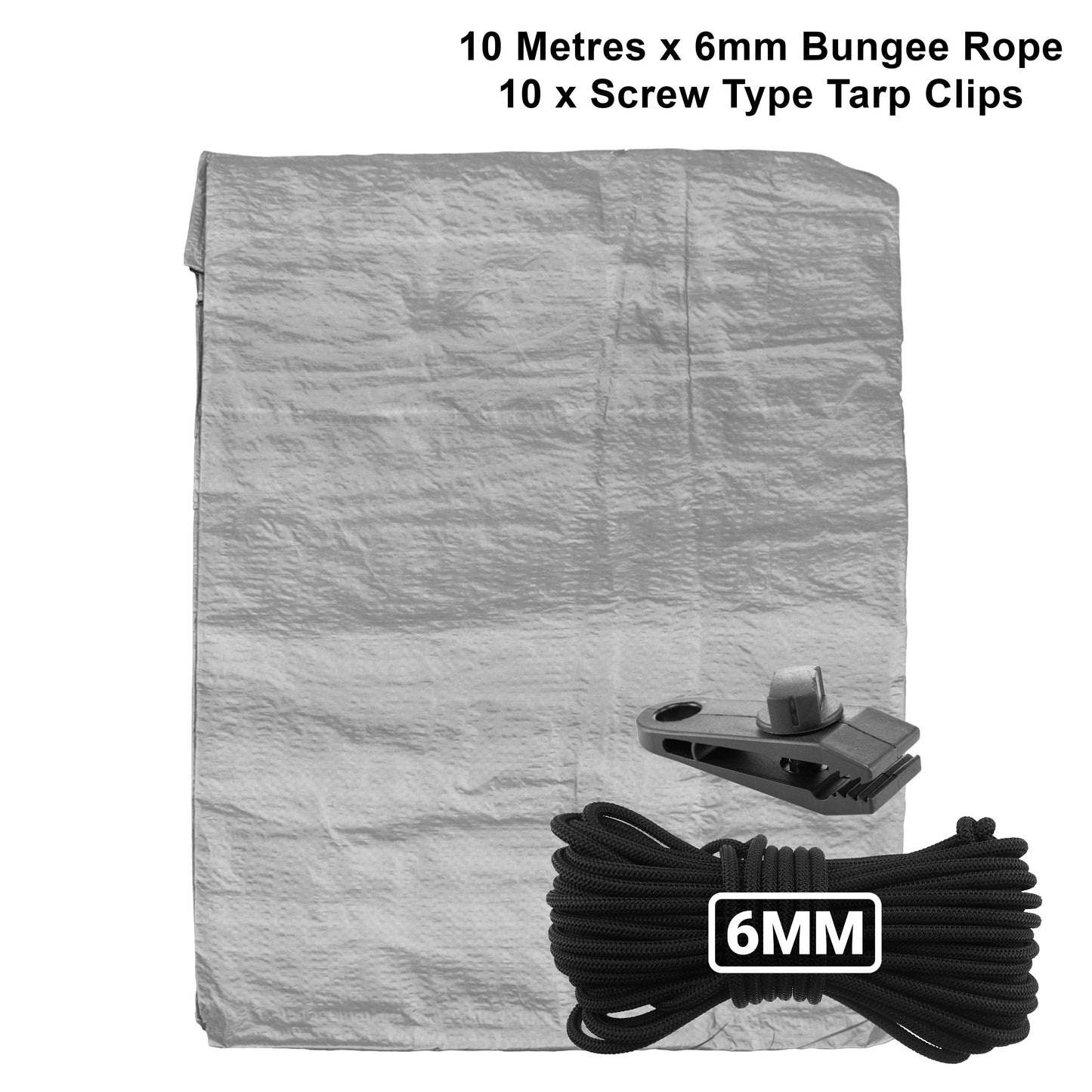 Grey S-Grade Tarpaulin with 10m of 6mm Bungee Rope and 10 x Screw Type Tarp Clips