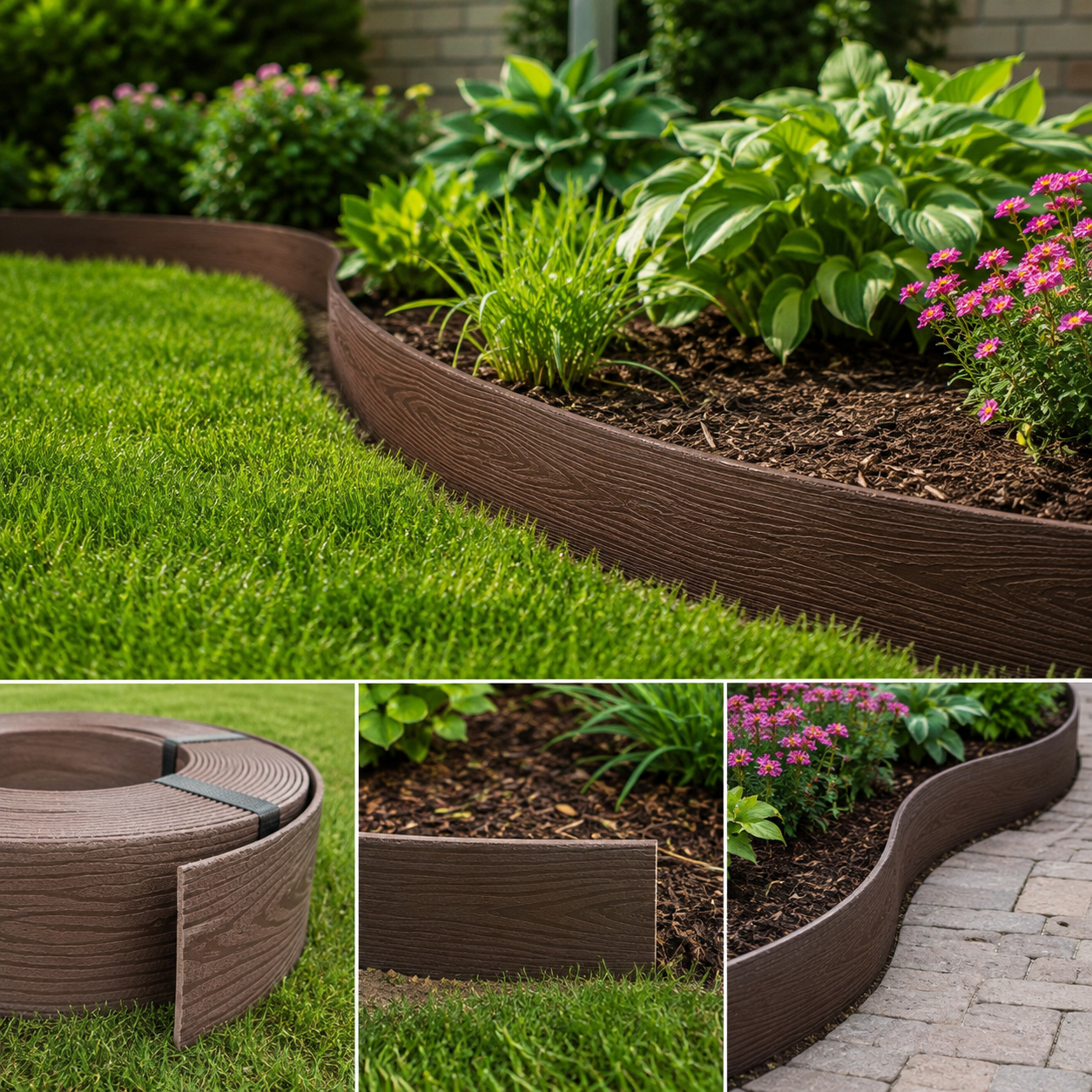 Lawn Edging Heavy Duty Wood Effect 78mm High, 2.8mm Thick, 10 Metre Roll