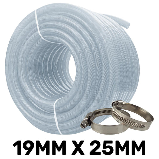 Clear Braided PVC Tech Hose 19*25*3mm 7/28BAR with 2 x A2 Hose Clips Kit