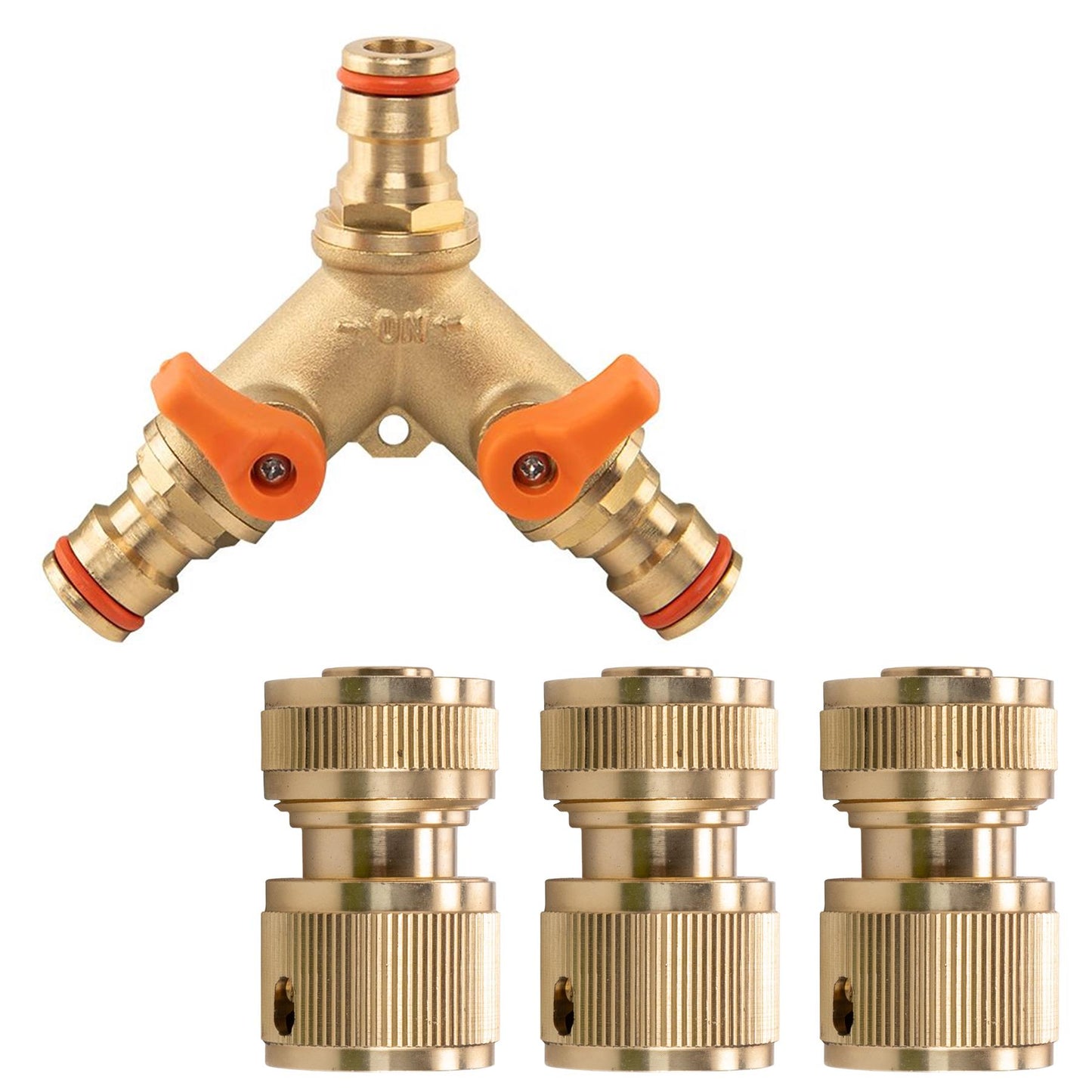 3 Way Male Snap-On Connector Brass with Valves and 3 x Brass Female Hose Connectors