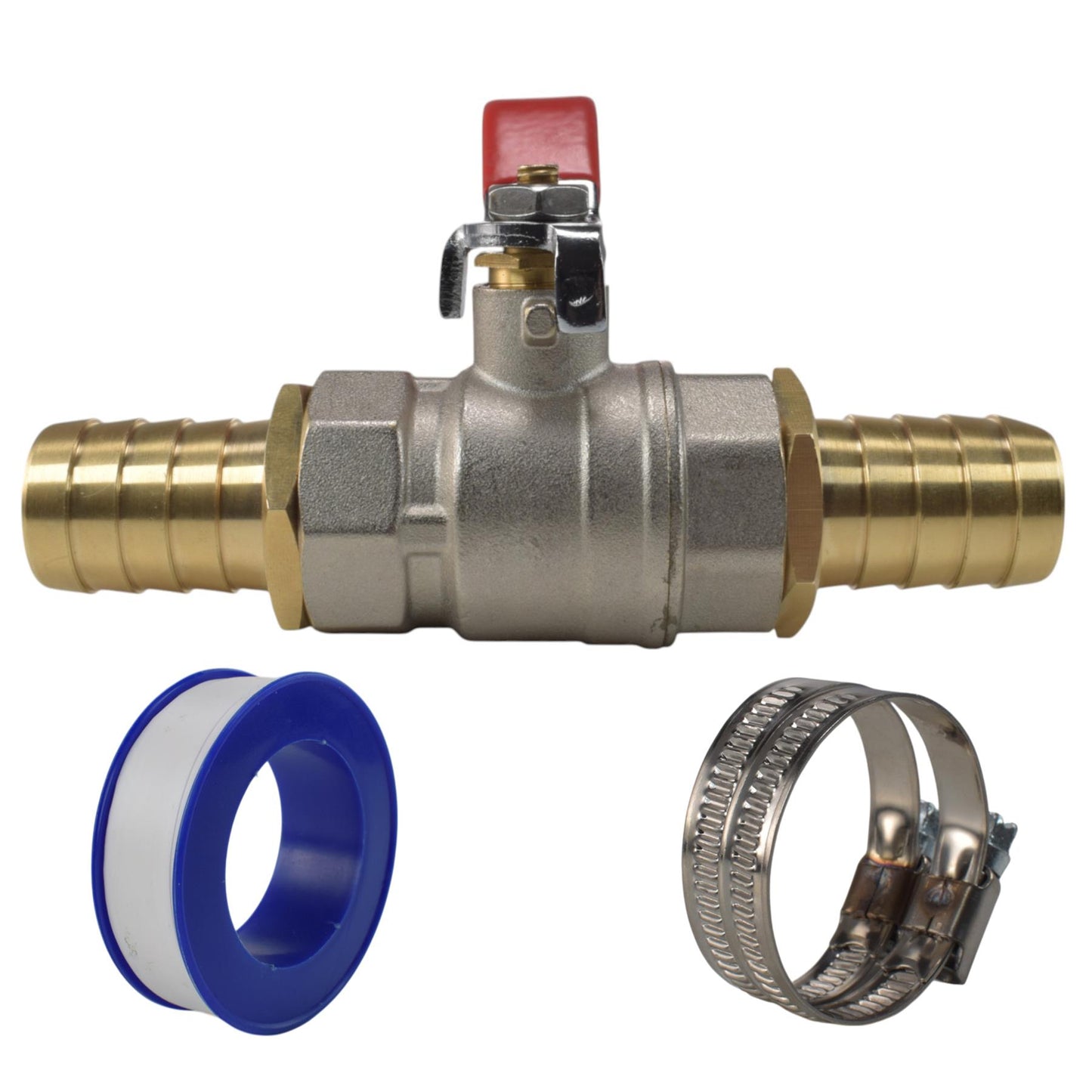Ball Valve Lever BSPF with 2 x Brass Straight Barb, A2 Hose Clips and PTFE Tape Kit